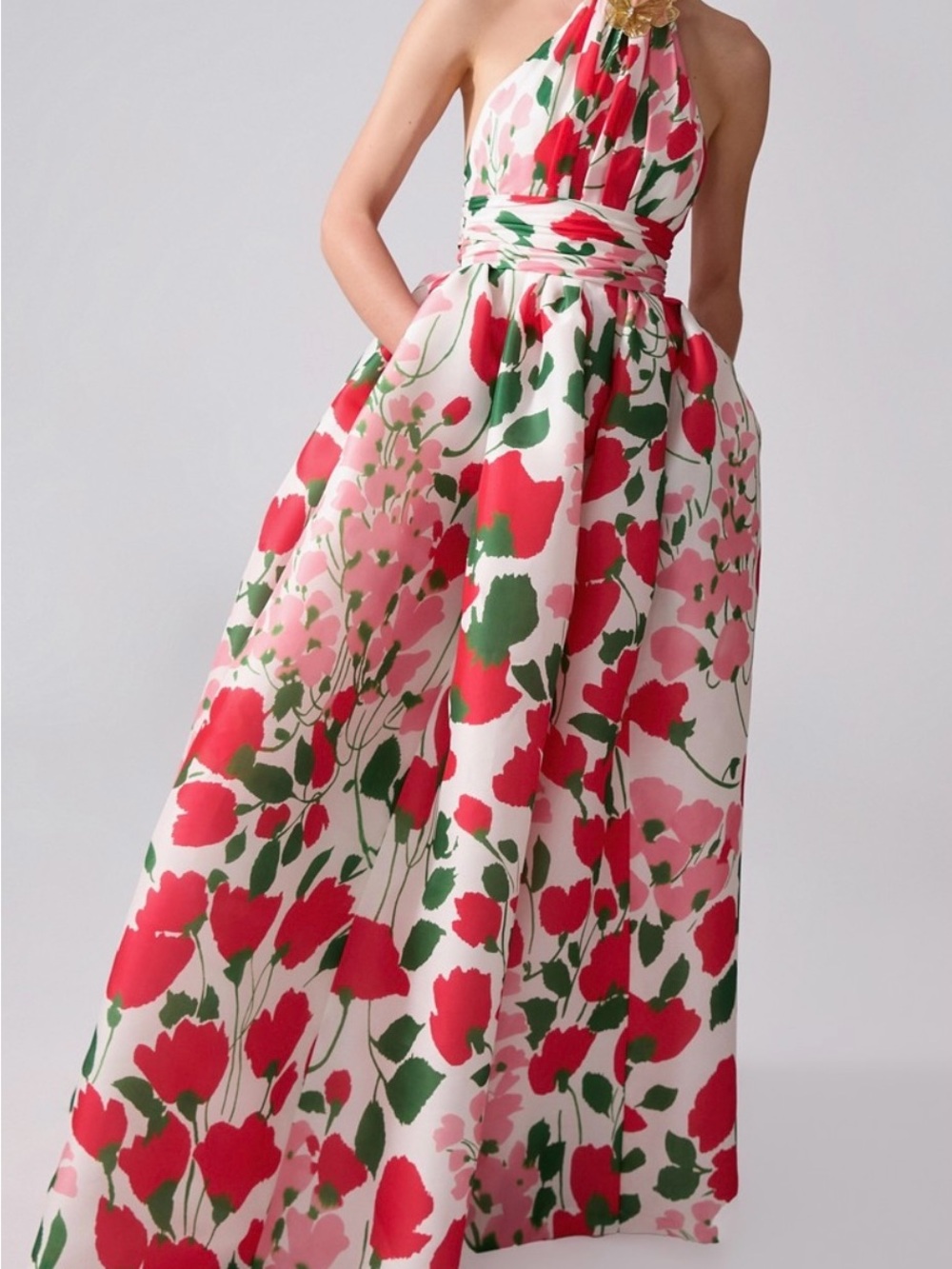 Carolina Herrera Pink, Red and Green Floral Halter Ball Gown
